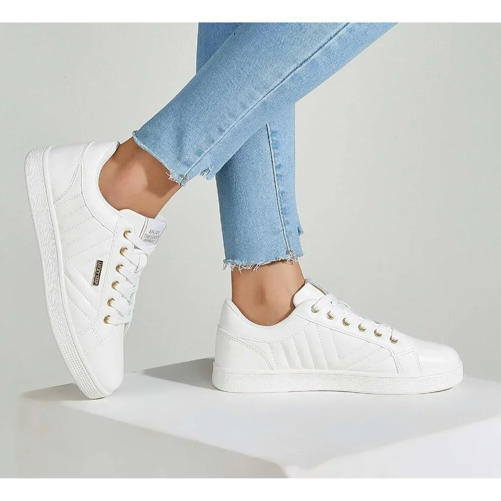 Women's White PU Glitter Shoes Sparkly Bling Shiny Bedazzled Lace Up Sneaker - Picture 8 of 9